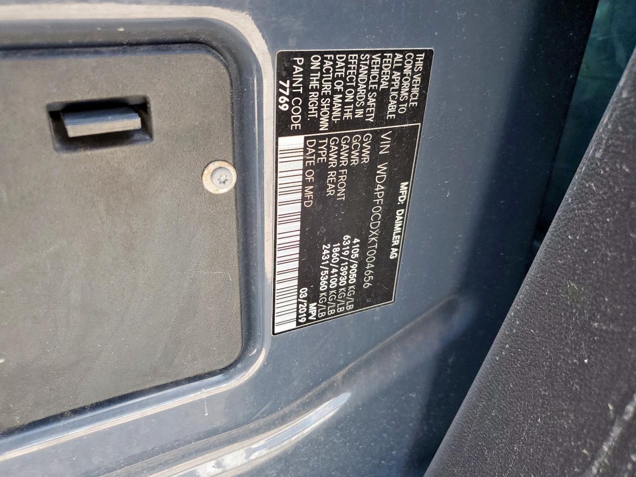 2019 Mercedes-Benz Sprinter 2500/3500 VIN: WD4PF0CDXKT004656 Lot: 68793125