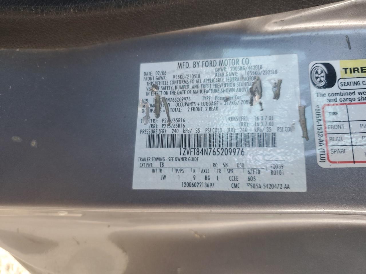 2006 Ford Mustang VIN: 1ZVFT84N765209976 Lot: 70041745