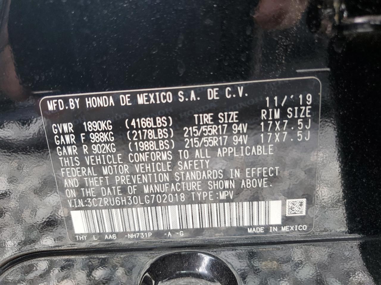 2020 Honda Hr-V Lx VIN: 3CZRU6H30LG702018 Lot: 68807375