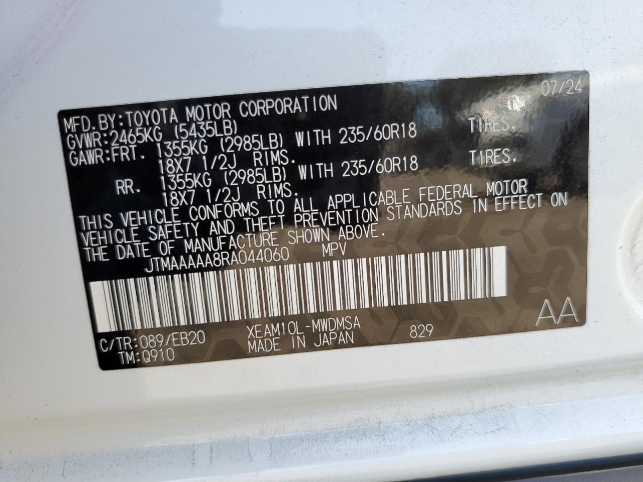 2024 Toyota Bz4X Xle VIN: JTMAAAAA8RA044060 Lot: 67547005