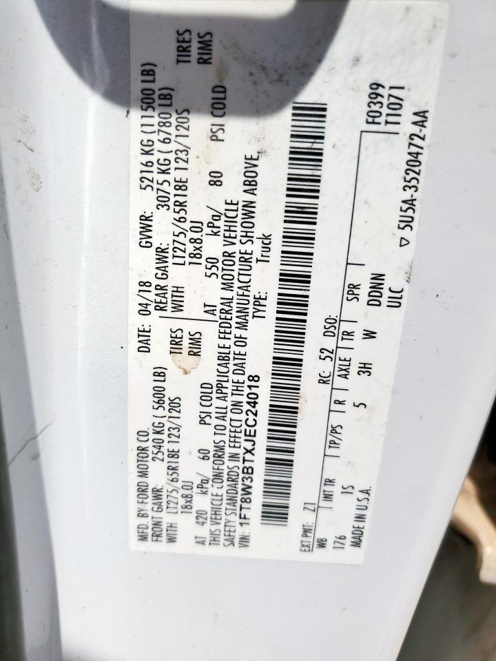 2018 Ford F350 Super Duty VIN: 1FT8W3BTXJEC24018 Lot: 68804075