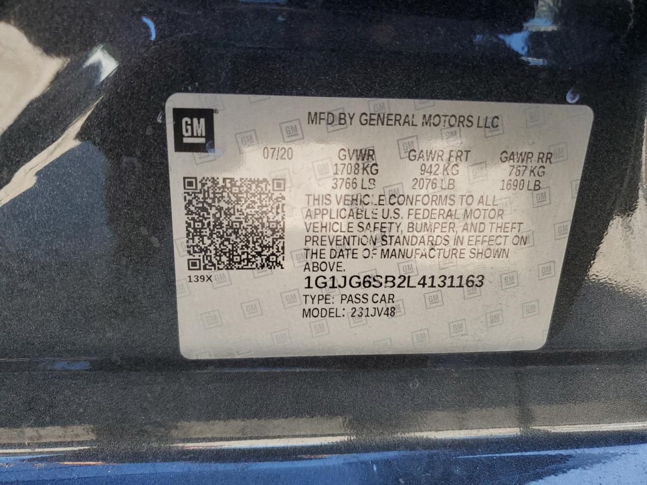 2020 Chevrolet Sonic VIN: 1G1JG6SB2L4131163 Lot: 70280825