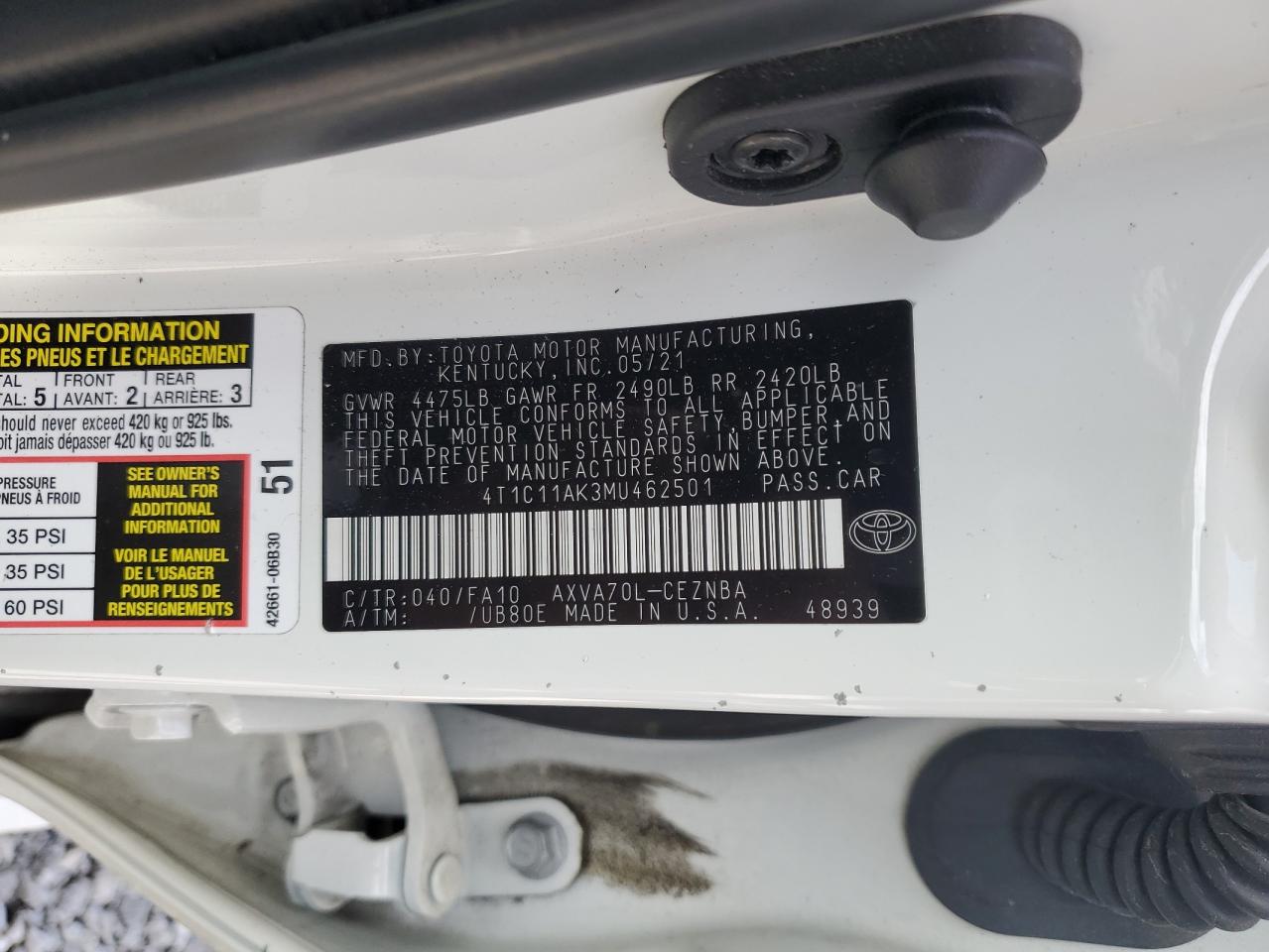 2021 Toyota Camry Le VIN: 4T1C11AK3MU462501 Lot: 69937145