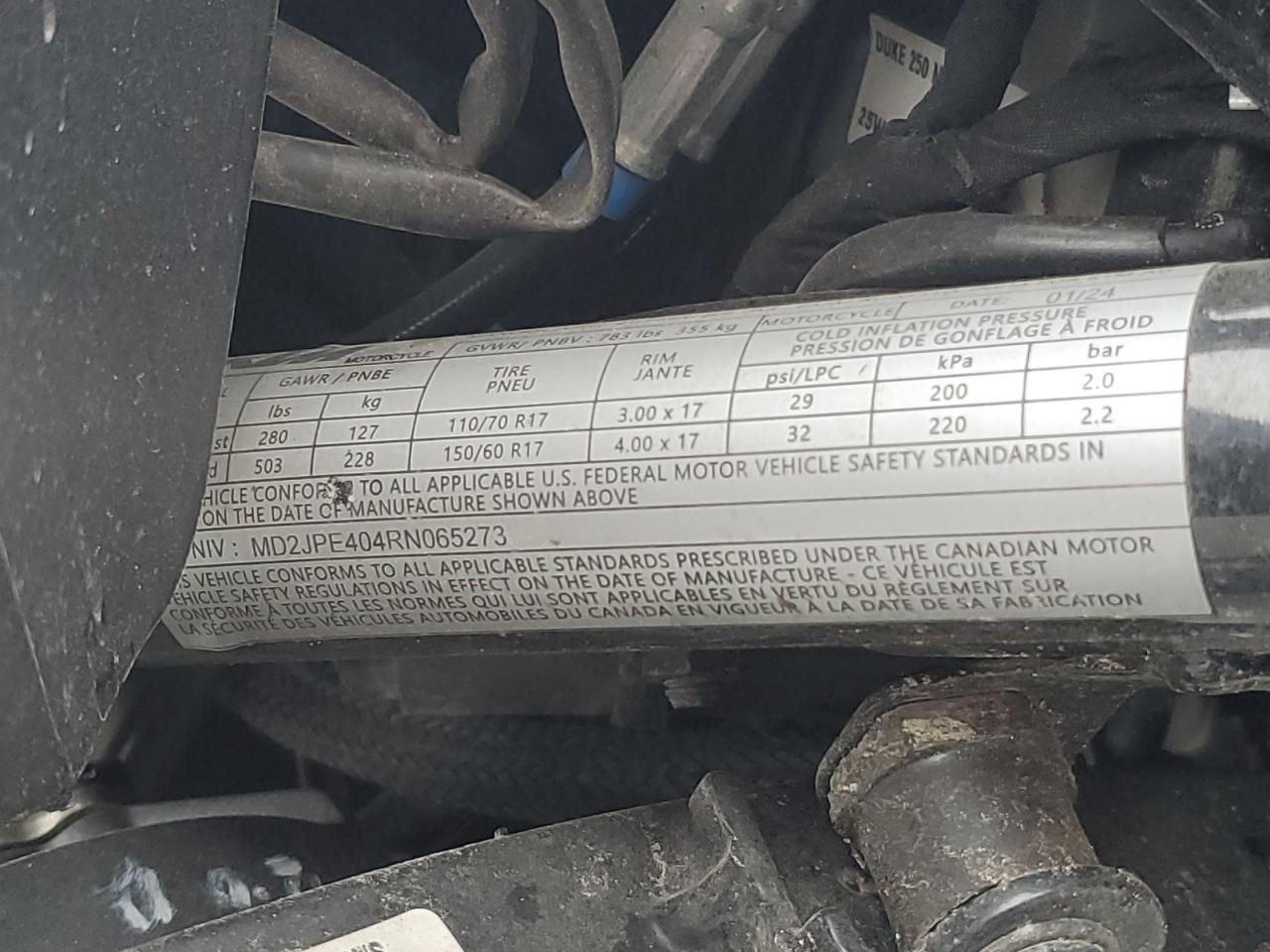 2025 Ktm 250 VIN: MD2JPE404RN065273 Lot: 67040795