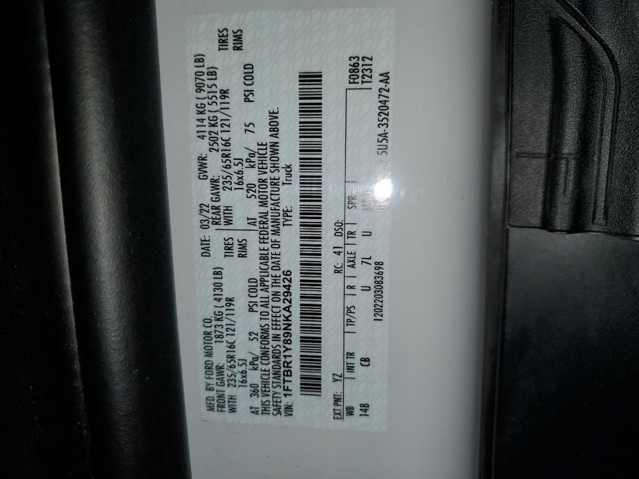 2022 Ford T-250 Transit Cg Vn VIN: 1FTBR1Y89NKA29426 Lot: 70180645