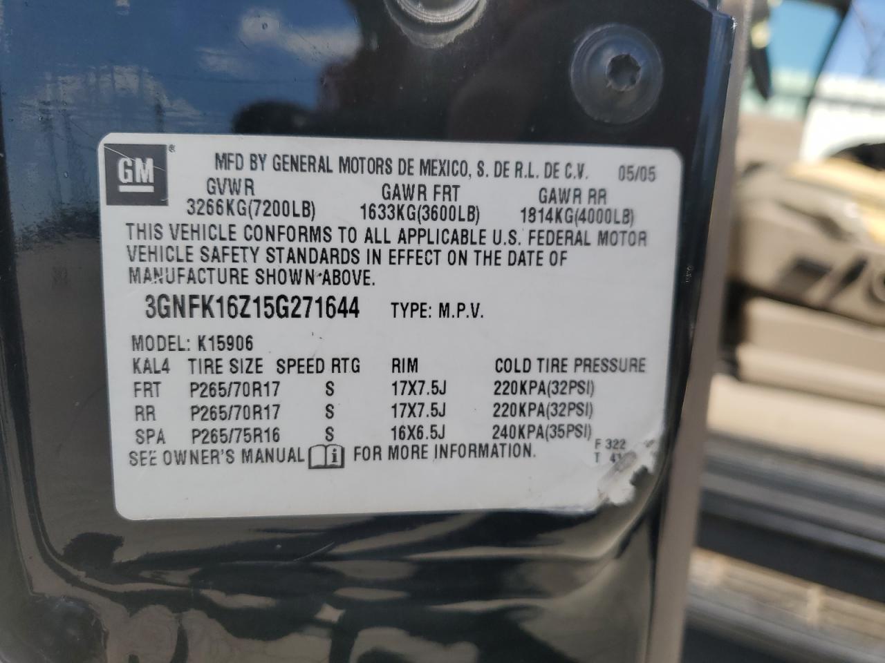 2005 Chevrolet Suburban K1500 VIN: 3GNFK16Z15G271644 Lot: 70220905