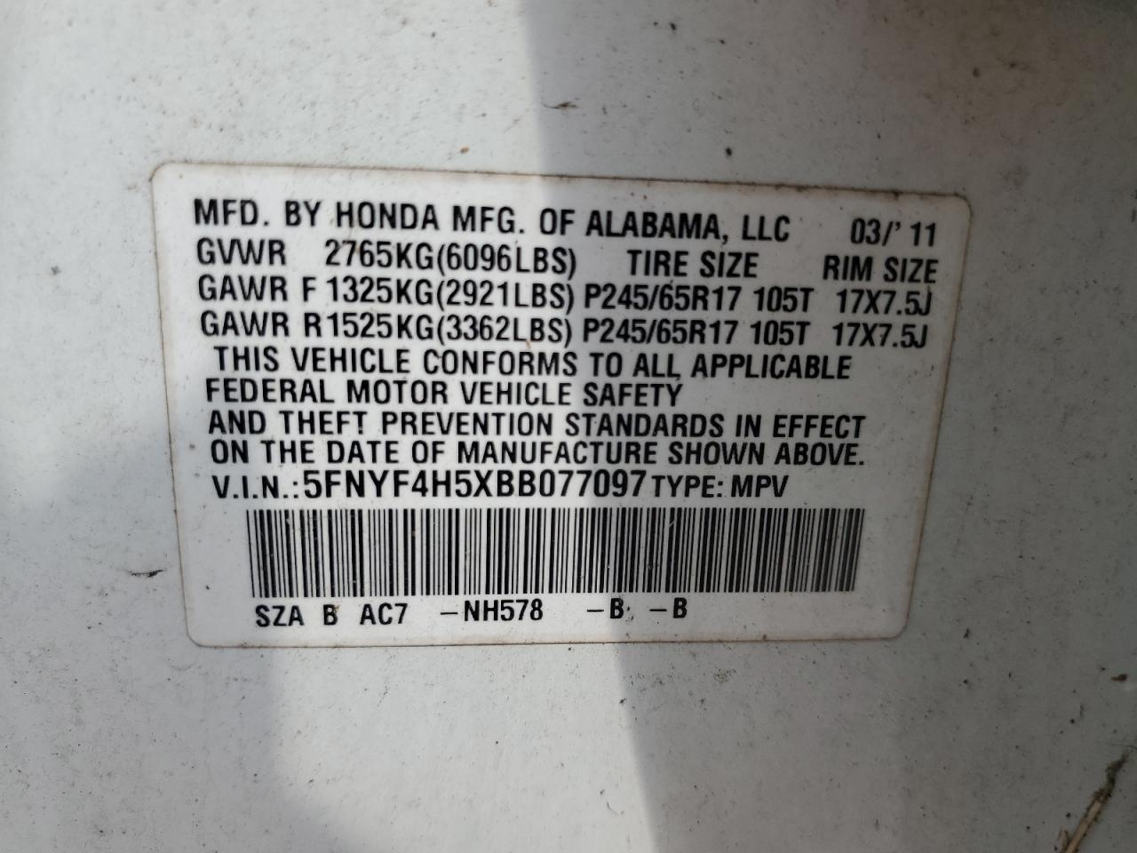 2011 Honda Pilot Exl VIN: 5FNYF4H5XBB077097 Lot: 67318215