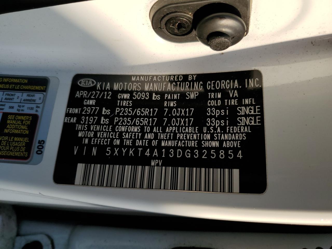 2013 Kia Sorento Lx VIN: 5XYKT4A13DG325854 Lot: 68749935