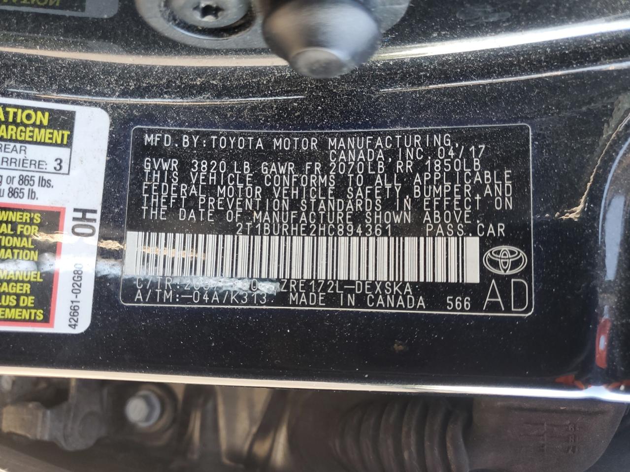 2017 Toyota Corolla L VIN: 2T1BURHE2HC894361 Lot: 70830935
