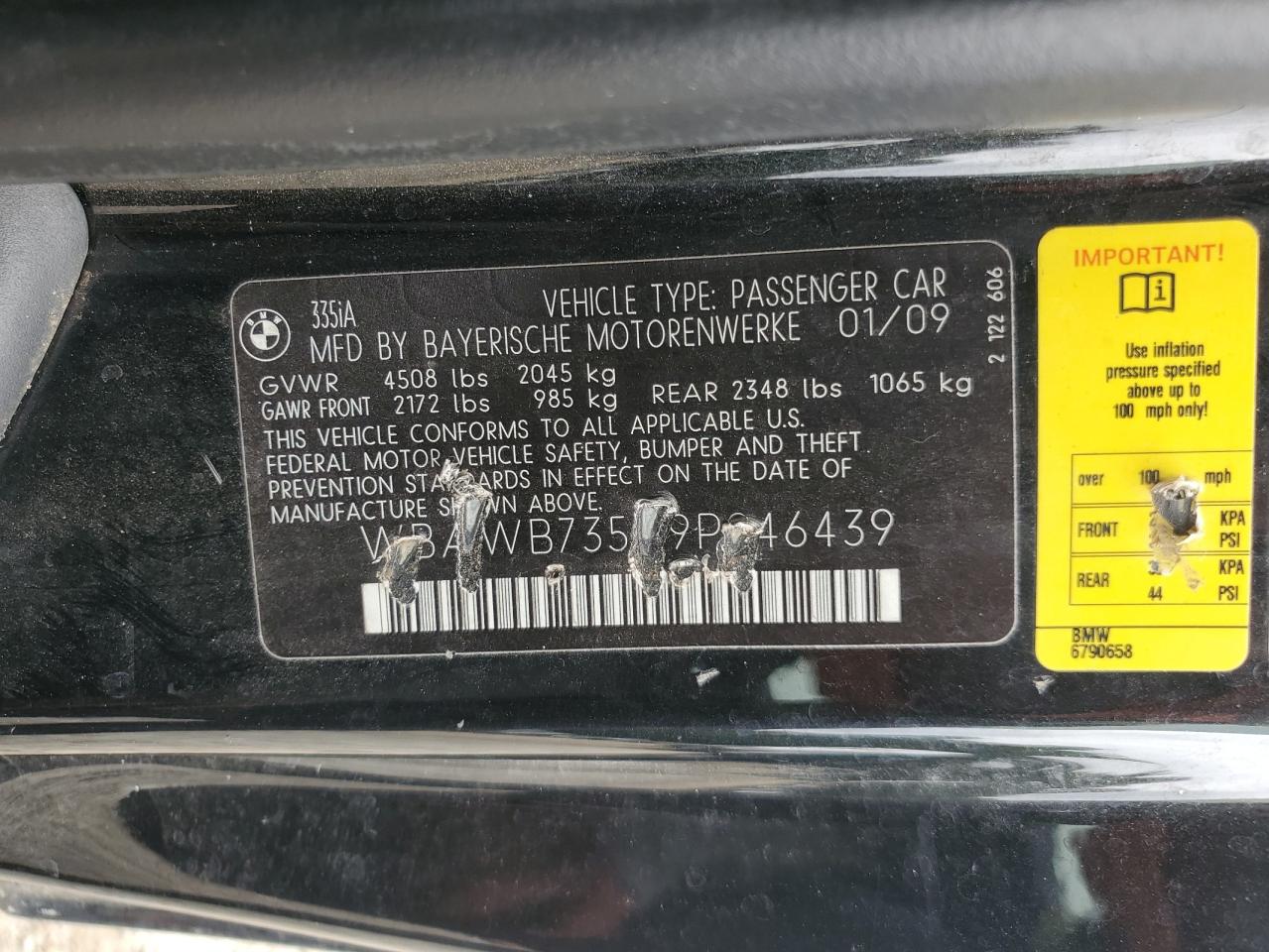 2009 BMW 335 I VIN: WBAWB735X9P046439 Lot: 69678525