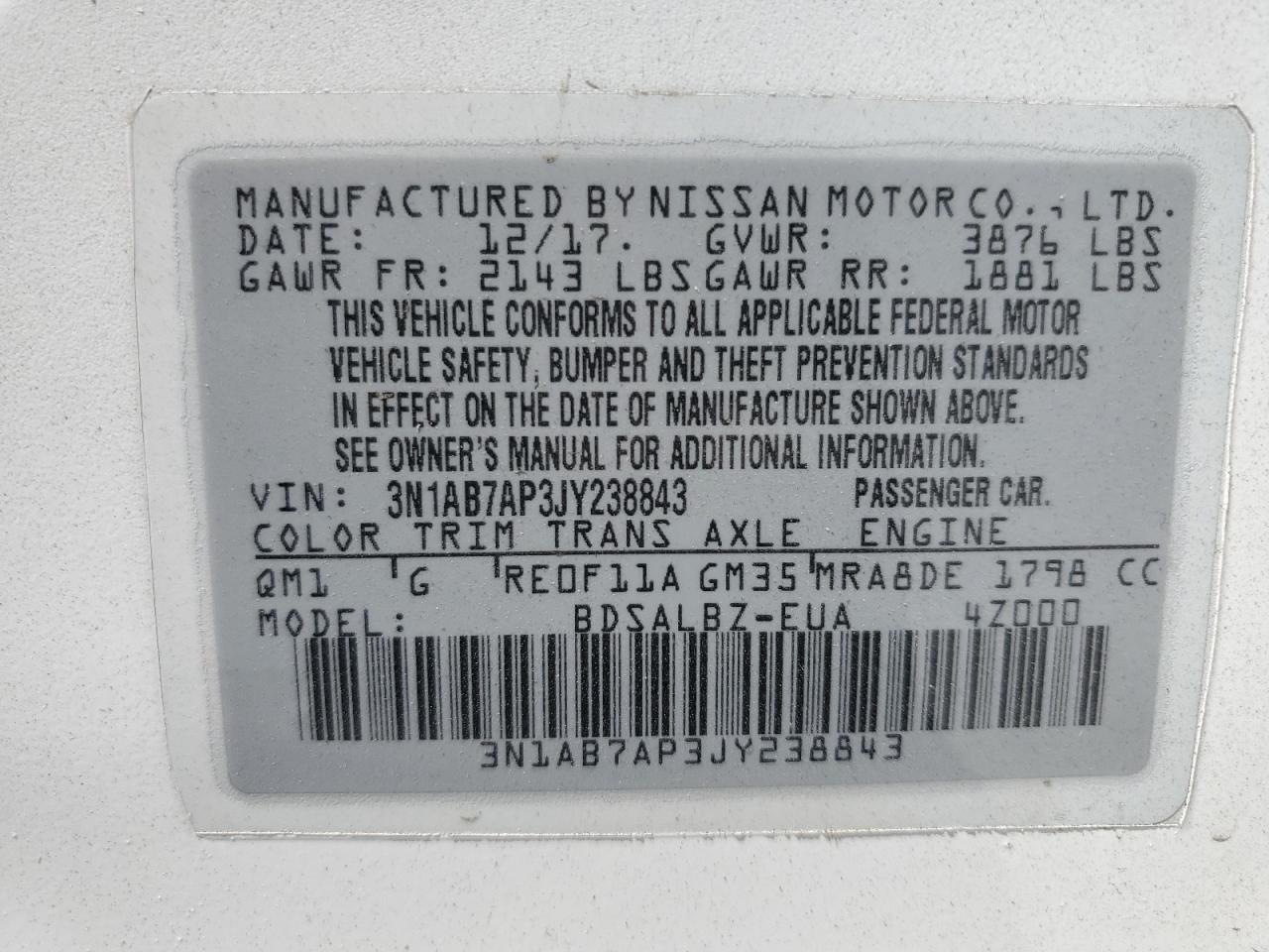 2018 Nissan Sentra S VIN: 3N1AB7AP3JY238843 Lot: 67837585