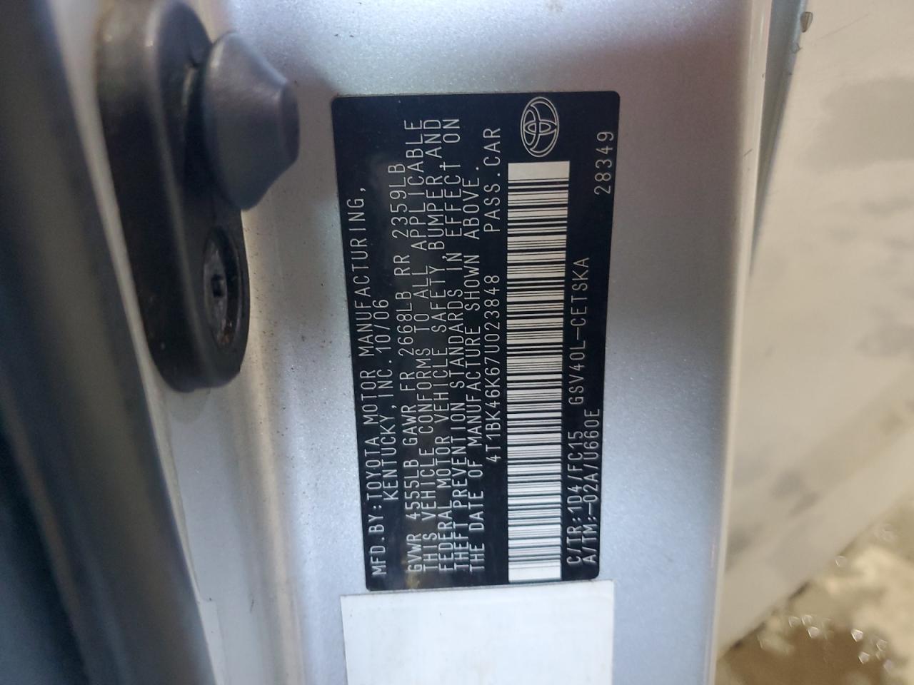 2007 Toyota Camry Le VIN: 4T1BK46K67U023848 Lot: 67266165