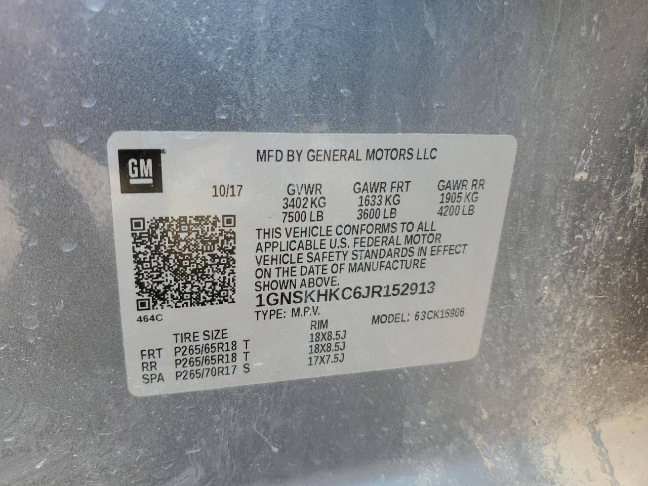 2018 Chevrolet Suburban K1500 Lt VIN: 1GNSKHKC6JR152913 Lot: 69353205