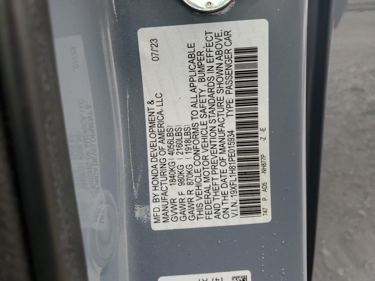 2023 Honda Civic Sport Touring VIN: 19XFL1H81PE015934 Lot: 70708835