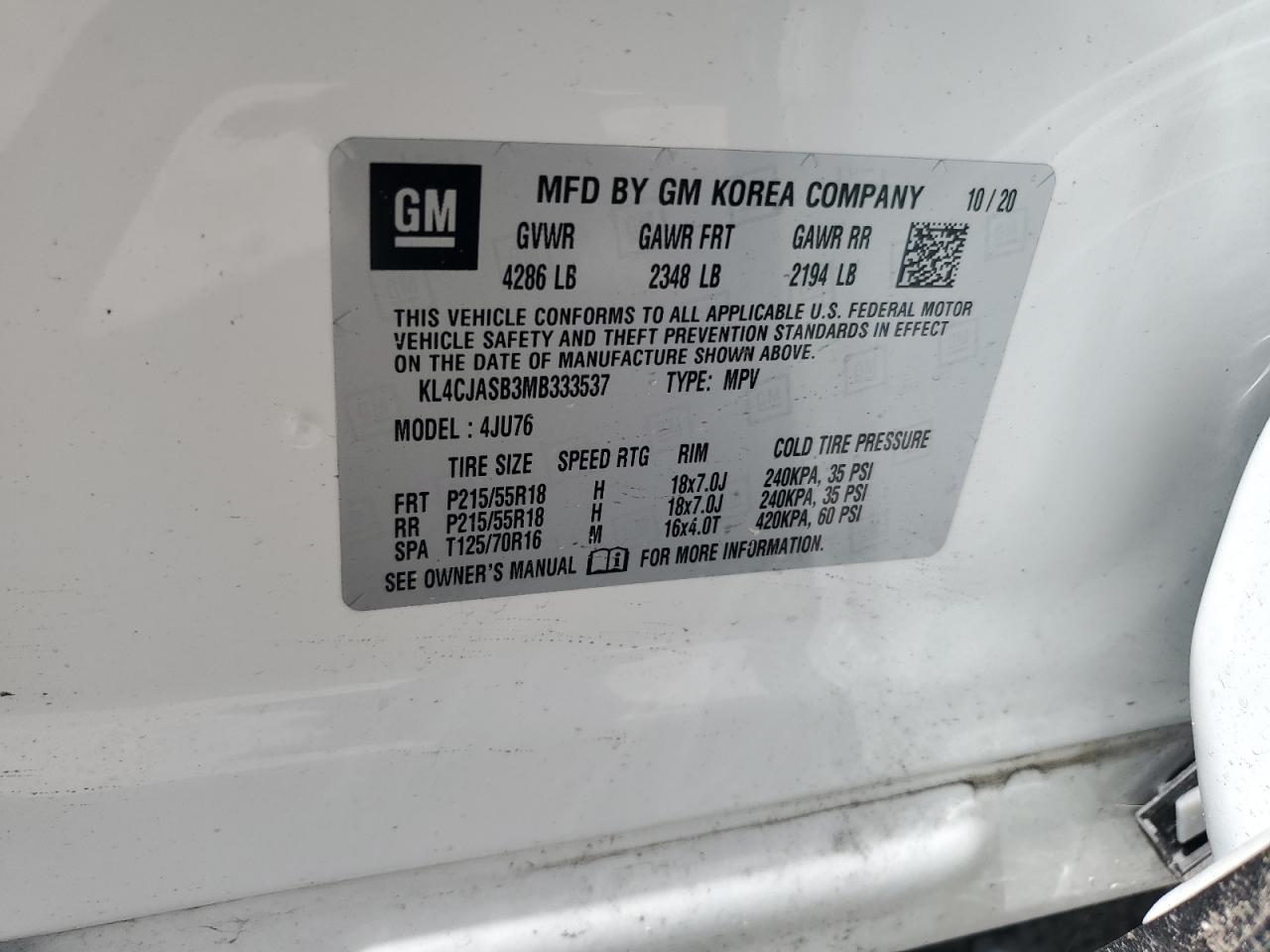 2021 Buick Encore Preferred VIN: KL4CJASB3MB333537 Lot: 68164455