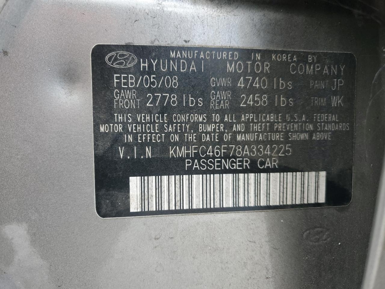 2008 Hyundai Azera Se VIN: KMHFC46F78A334225 Lot: 70762465