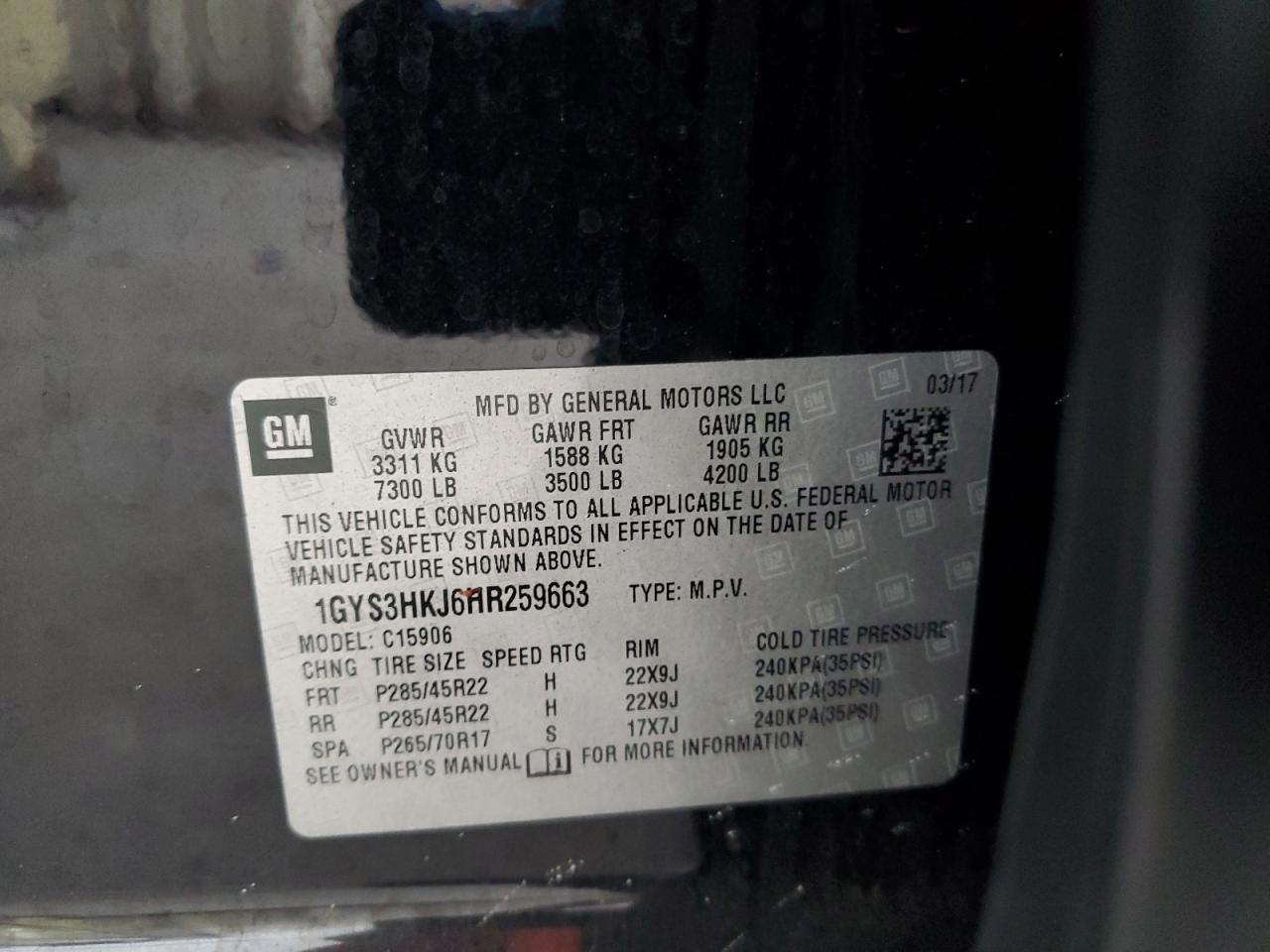 2017 Cadillac Escalade Esv Luxury VIN: 1GYS3HKJ6HR259663 Lot: 69408365