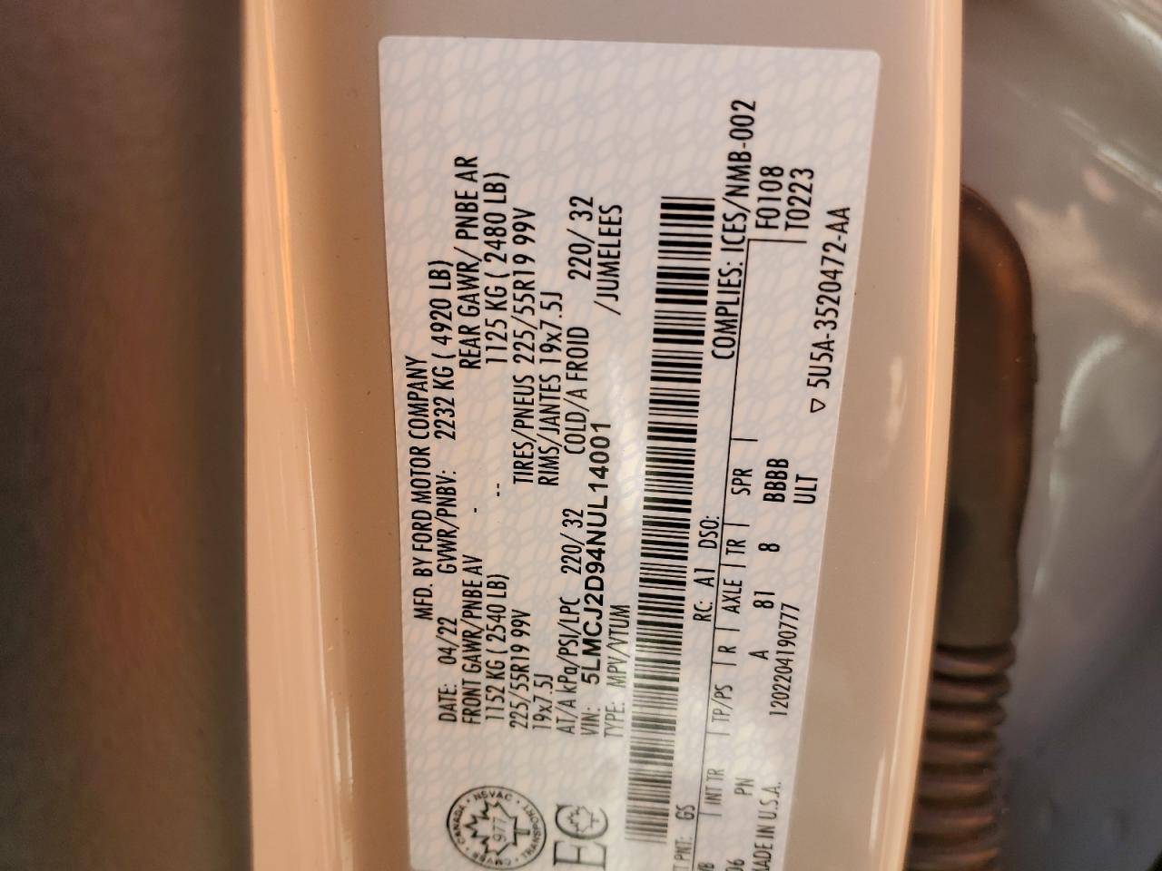 2022 Lincoln Corsair Reserve VIN: 5LMCJ2D94NUL14001 Lot: 67686375