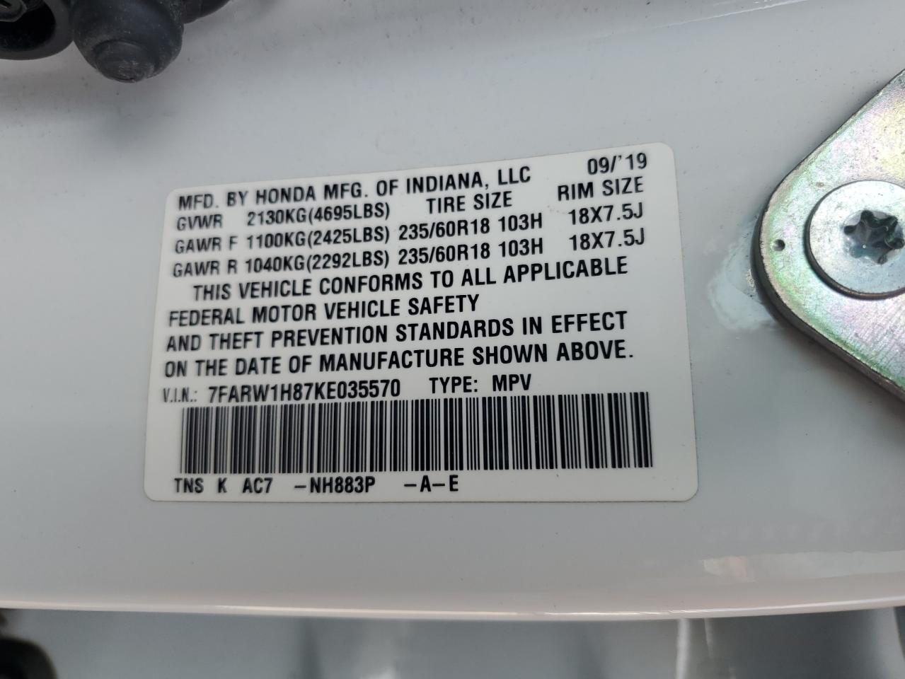 2019 Honda Cr-V Exl VIN: 7FARW1H87KE035570 Lot: 67789915