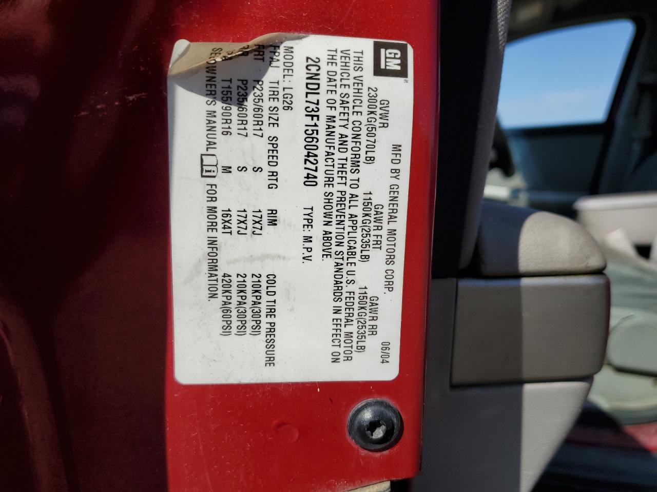 2005 Chevrolet Equinox Lt VIN: 2CNDL73F156042740 Lot: 67022005