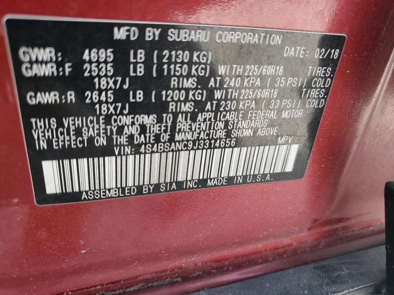 2018 Subaru Outback 2.5I Limited VIN: 4S4BSANC9J3314656 Lot: 69990095
