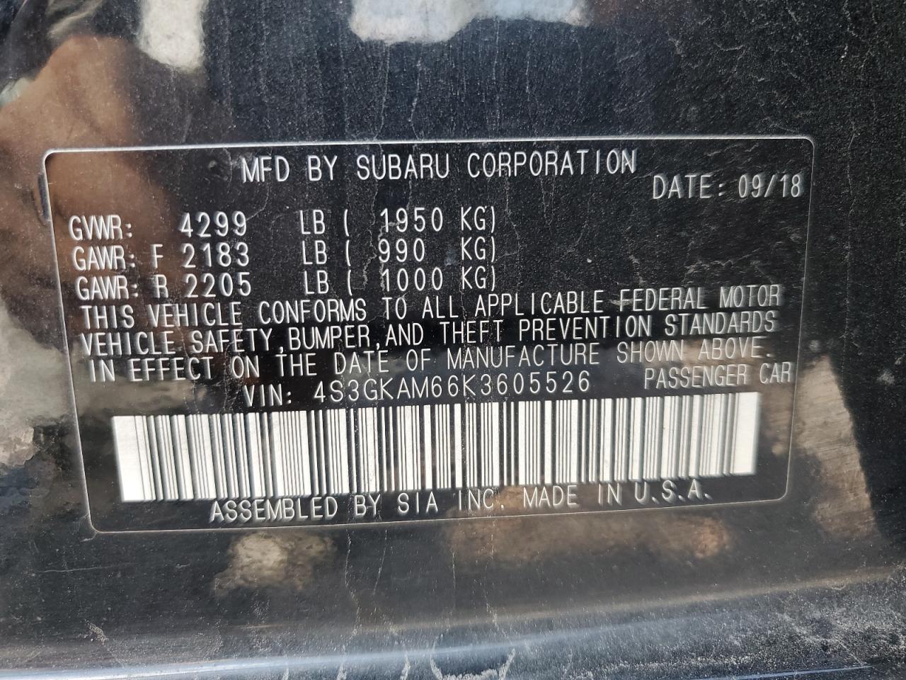 2019 Subaru Impreza Sport VIN: 4S3GKAM66K3605526 Lot: 69344575