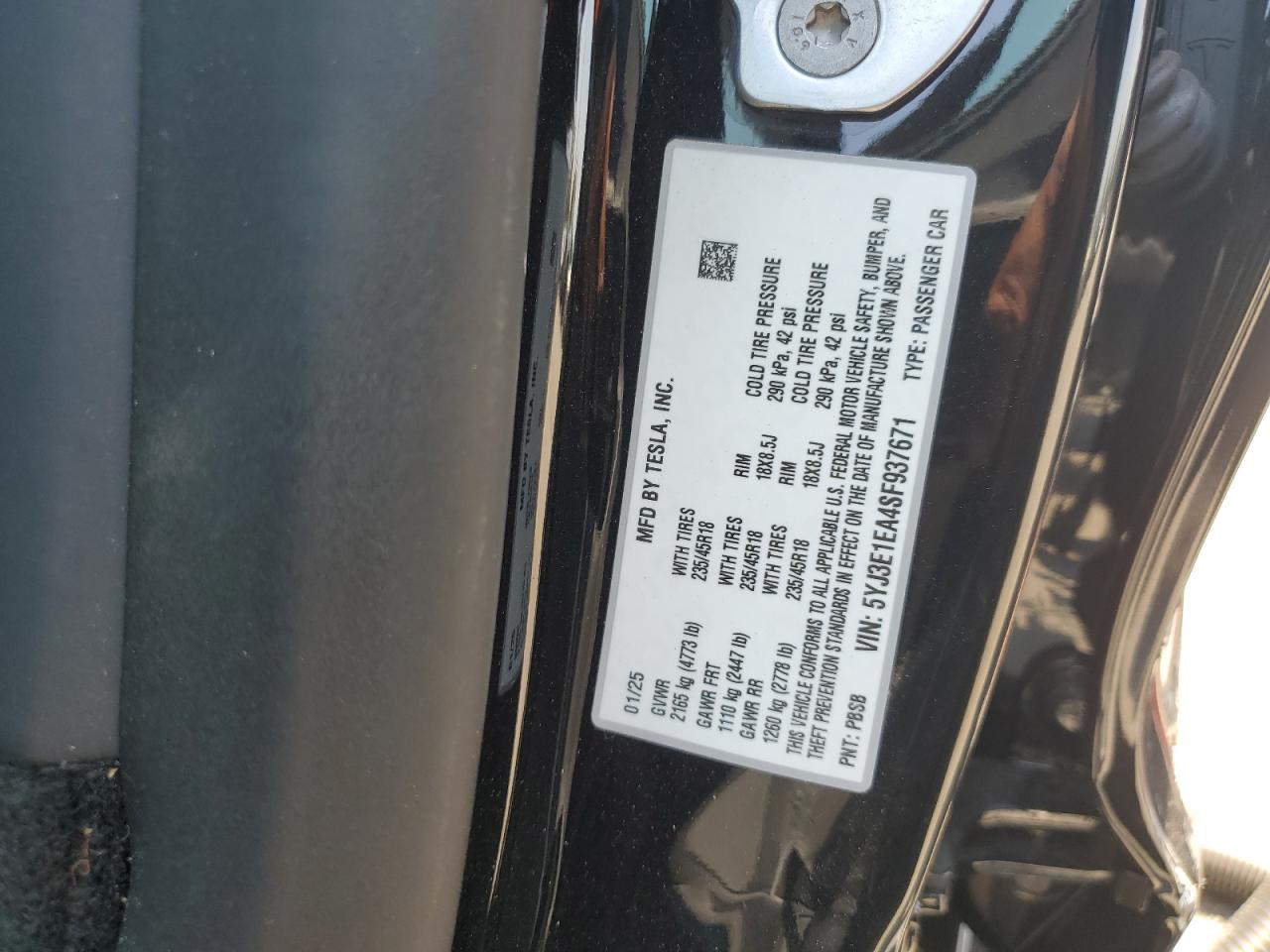 2025 Tesla Model 3 VIN: 5YJ3E1EA4SF937671 Lot: 68566885