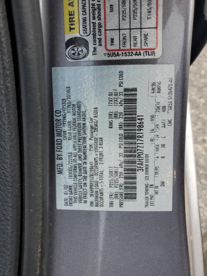 2007 Ford Fusion Se VIN: 3FAHP07Z17R198641 Lot: 70865915