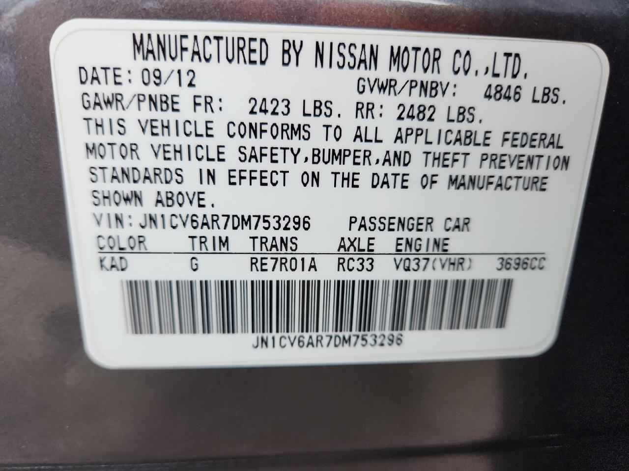 2013 Infiniti G37 VIN: JN1CV6AR7DM753296 Lot: 65816215