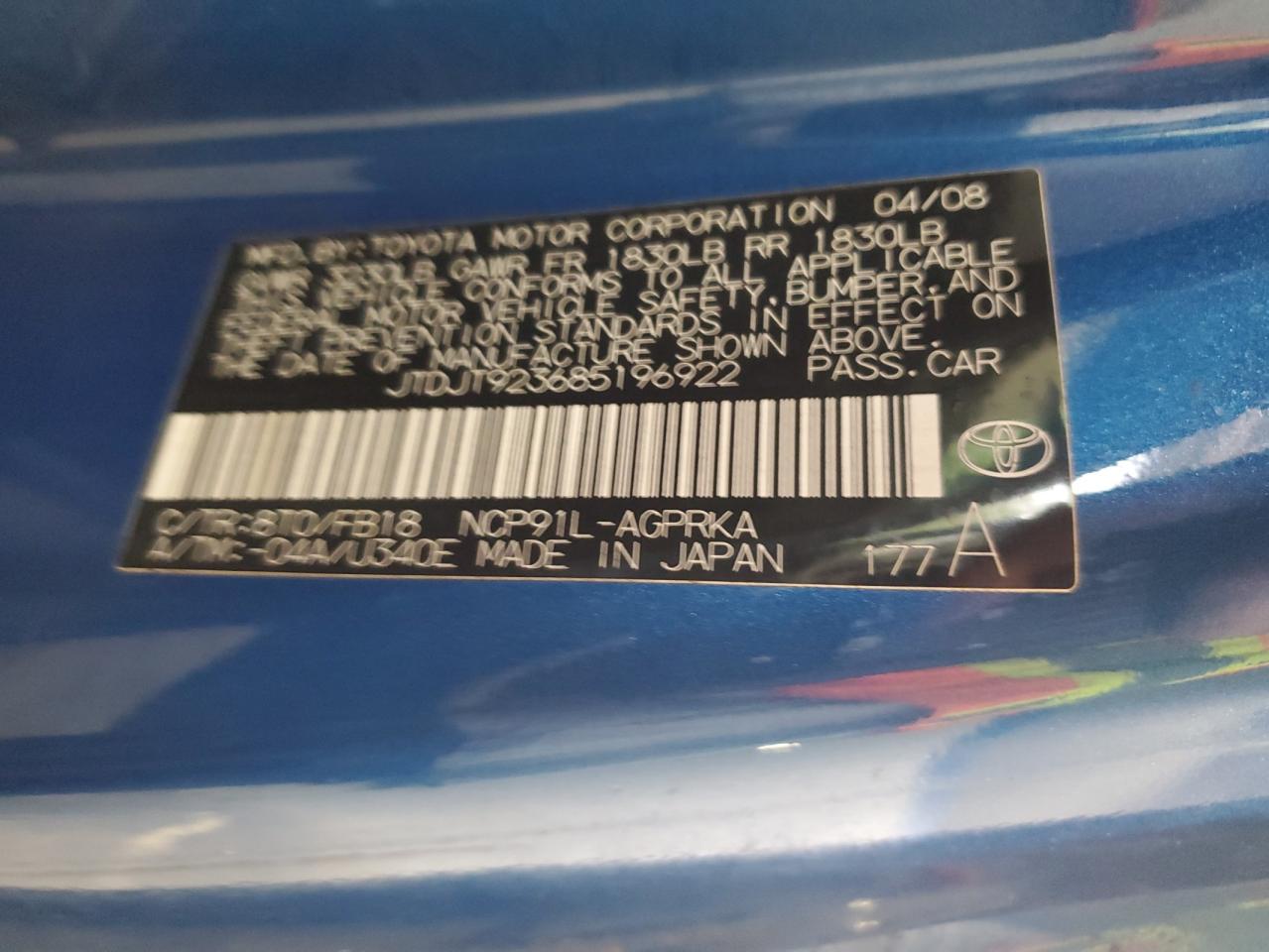 2008 Toyota Yaris VIN: JTDJT923685196922 Lot: 86098015