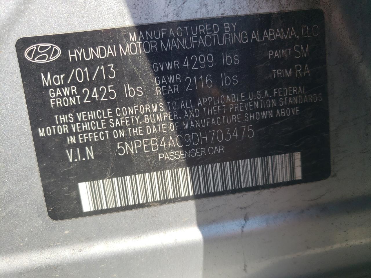 2013 Hyundai Sonata Gls VIN: 5NPEB4AC9DH703475 Lot: 68283025