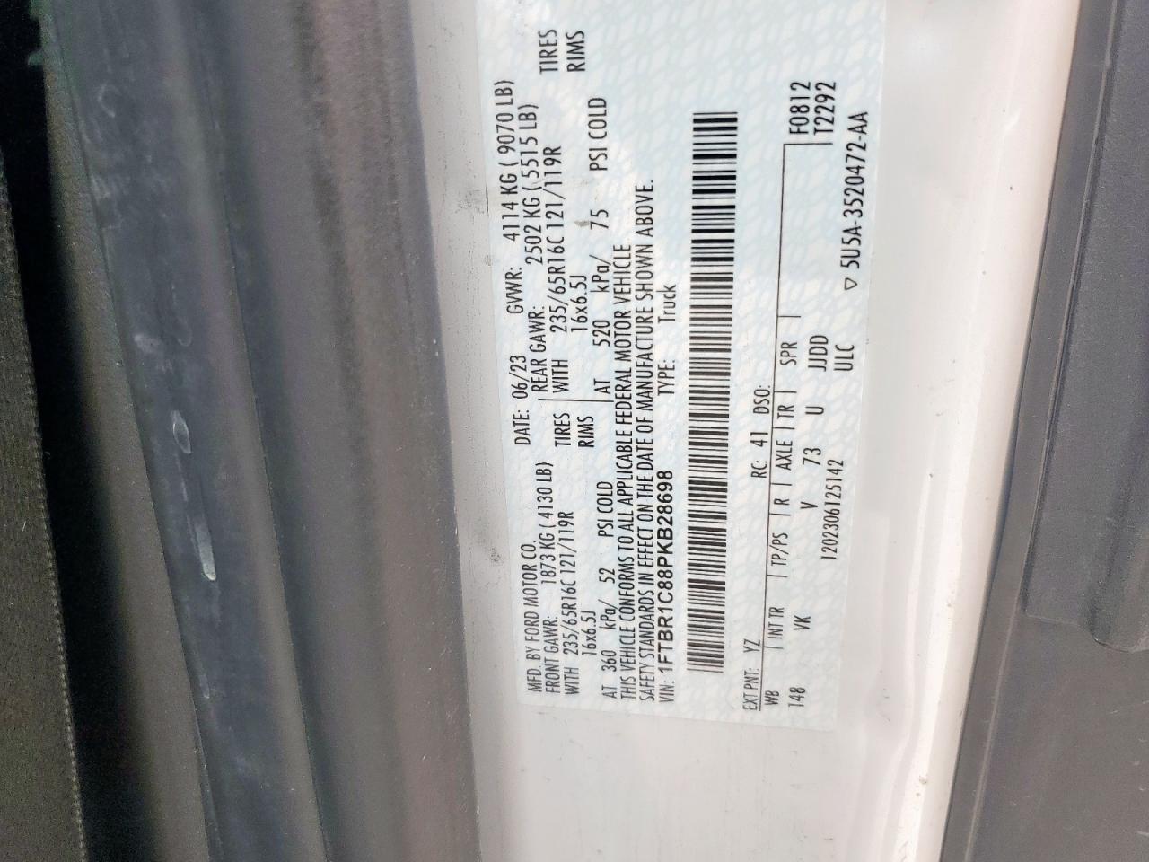 2023 Ford Transit T-250 VIN: 1FTBR1C88PKB28698 Lot: 70569385