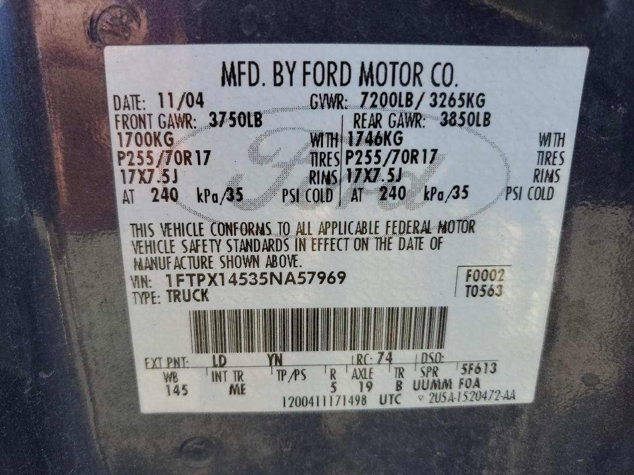 2005 Ford F150 VIN: 1FTPX14535NA57969 Lot: 67644845