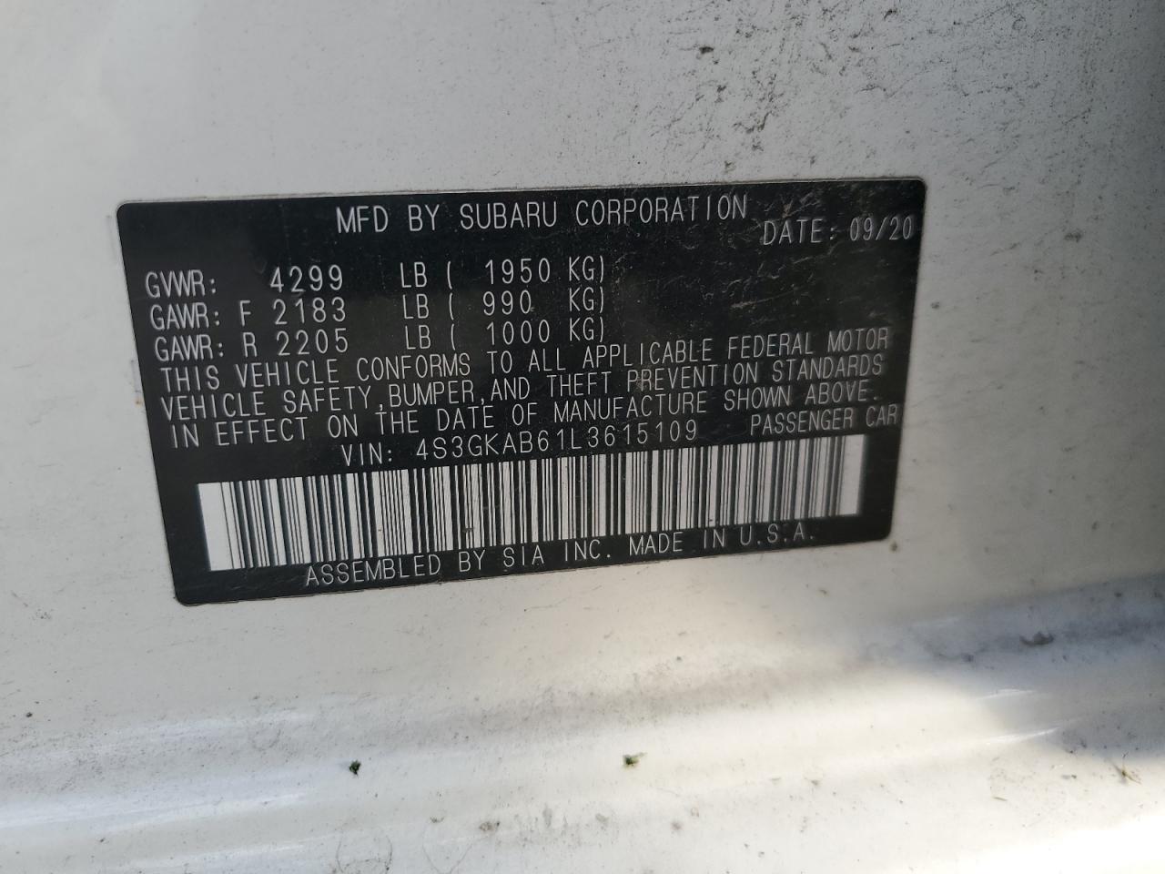 2020 Subaru Impreza VIN: 4S3GKAB61L3615109 Lot: 70547935