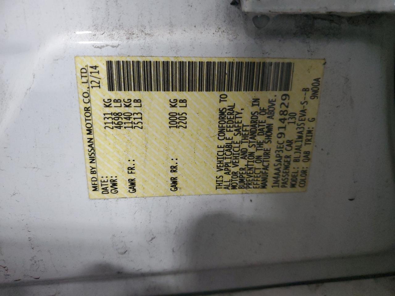 2014 Nissan Maxima S VIN: 1N4AA5AP3EC914829 Lot: 70106295