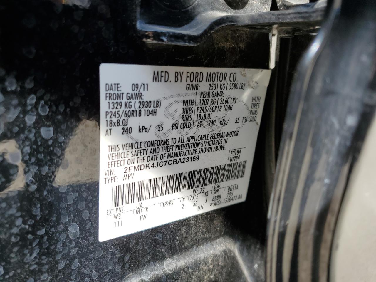 2012 Ford Edge Sel VIN: 2FMDK4JC7CBA23169 Lot: 67262225