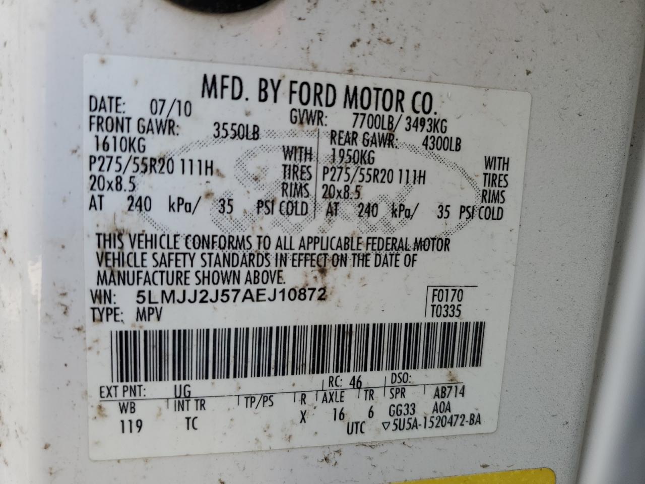 2010 Lincoln Navigator VIN: 5LMJJ2J57AEJ10872 Lot: 67198755