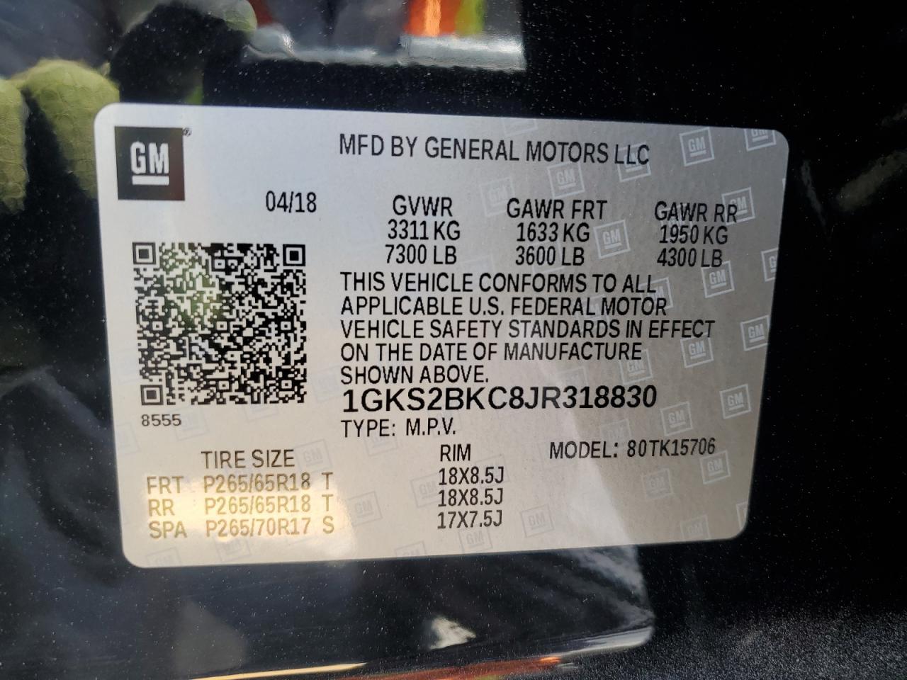 2018 GMC Yukon Slt VIN: 1GKS2BKC8JR318830 Lot: 68772275