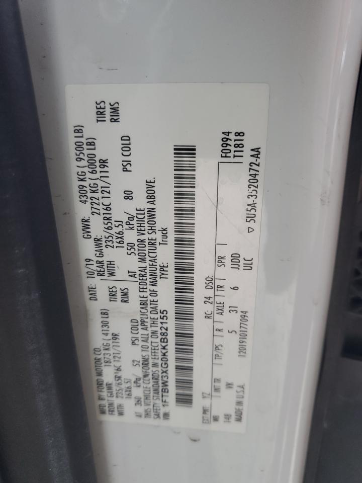 2019 Ford Transit T-350 VIN: 1FTBW3XG0KKB82155 Lot: 69668575