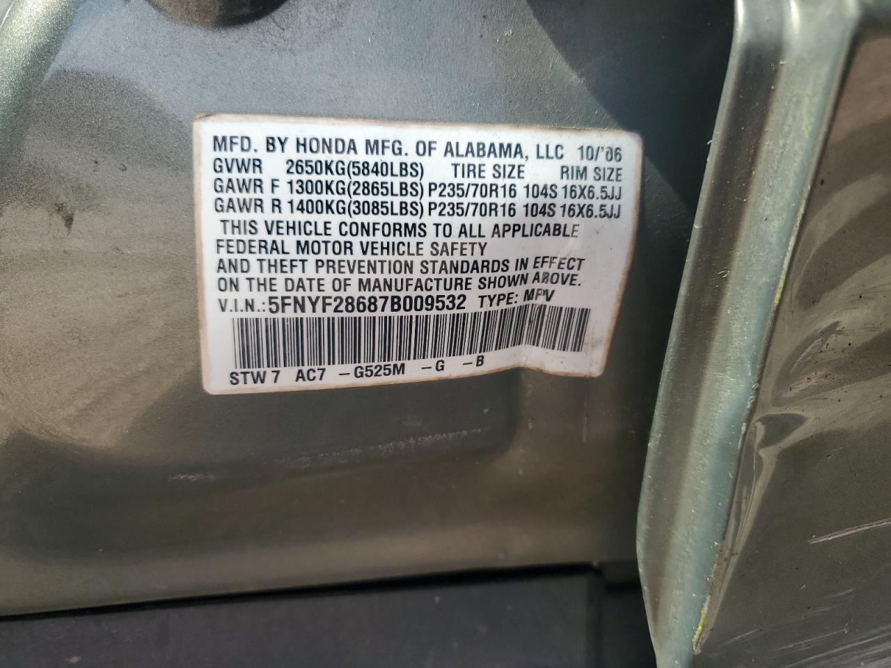 2007 Honda Pilot Exl VIN: 5FNYF28687B009532 Lot: 68287055