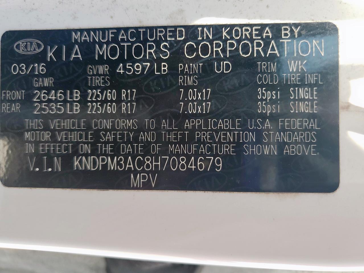 2017 Kia Sportage Lx VIN: KNDPM3AC8H7084679 Lot: 69479115