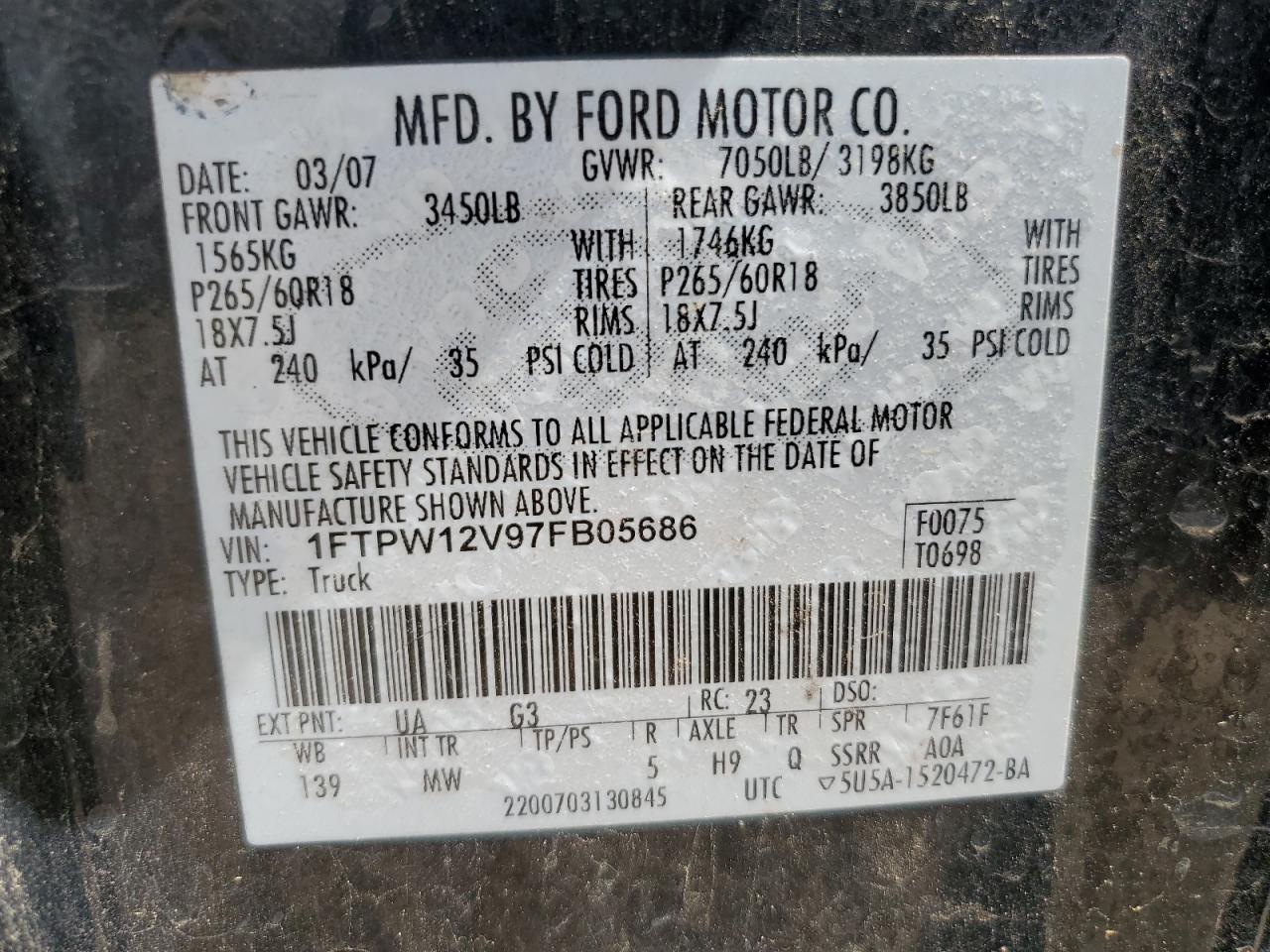 2007 Ford F150 Supercrew VIN: 1FTPW12V97FB05686 Lot: 68710135