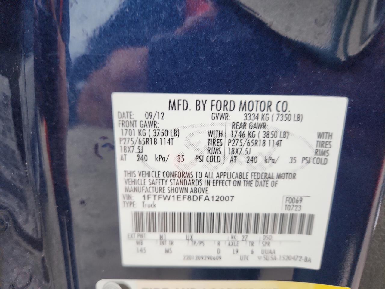 2013 Ford F150 Supercrew VIN: 1FTFW1EF8DFA12007 Lot: 70029575