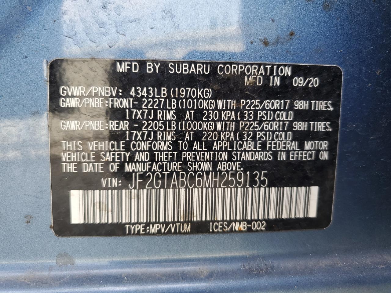 2021 Subaru Crosstrek VIN: JF2GTABC6MH259135 Lot: 67686075