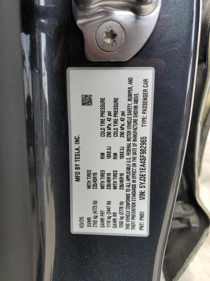 2025 Tesla Model 3 VIN: 5YJ3E1EA4SF982965 Lot: 70948725