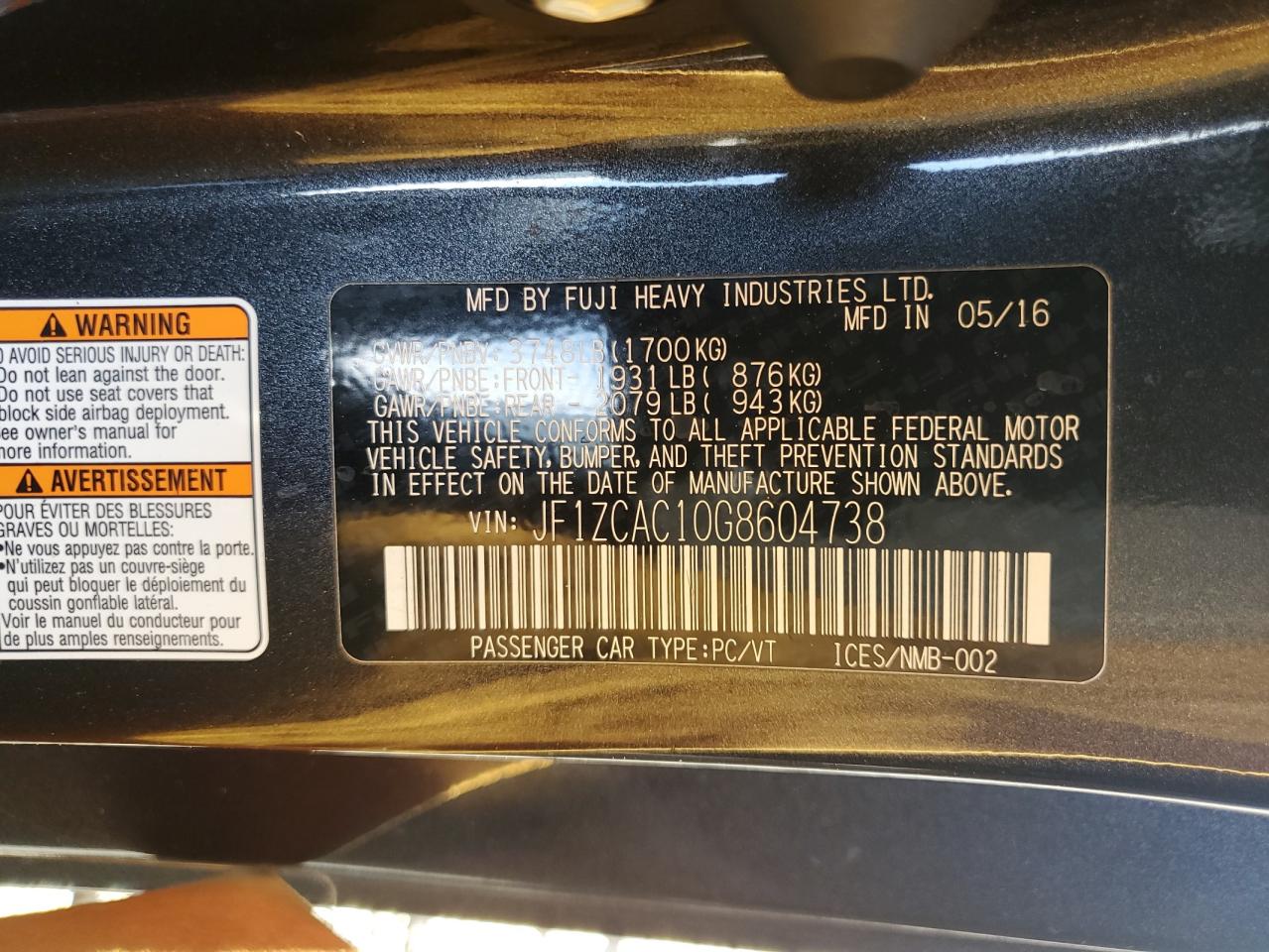 2016 Subaru Brz 2.0 Limited VIN: JF1ZCAC10G8604738 Lot: 69875835