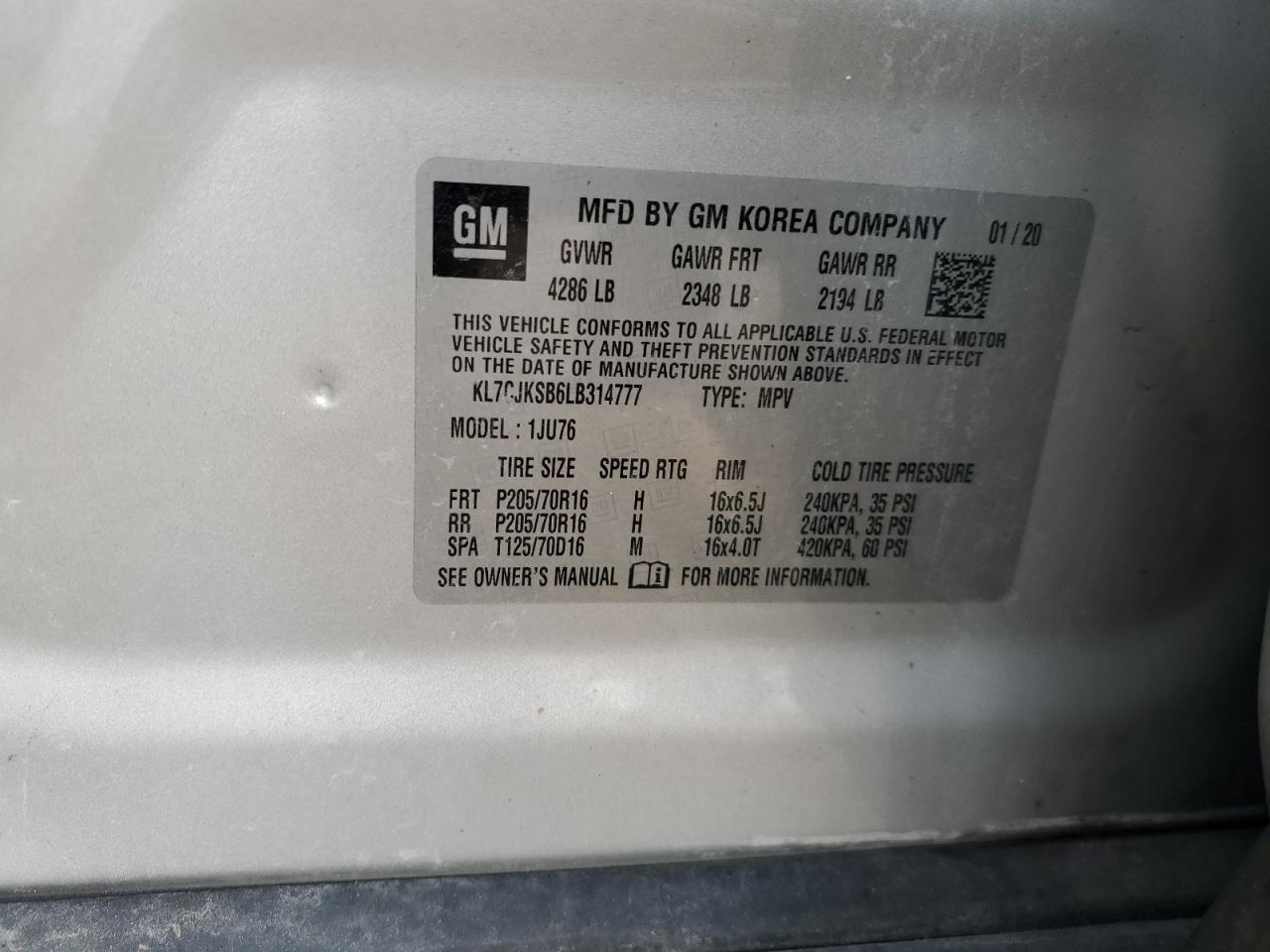 2020 Chevrolet Trax Ls VIN: KL7CJKSB6LB314777 Lot: 69638255