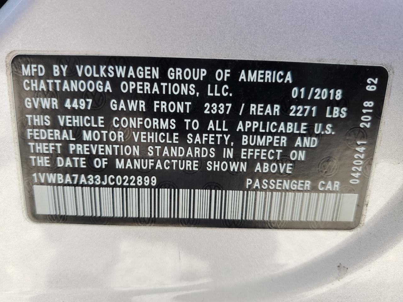 2018 Volkswagen Passat Se VIN: 1VWBA7A33JC022899 Lot: 69583485