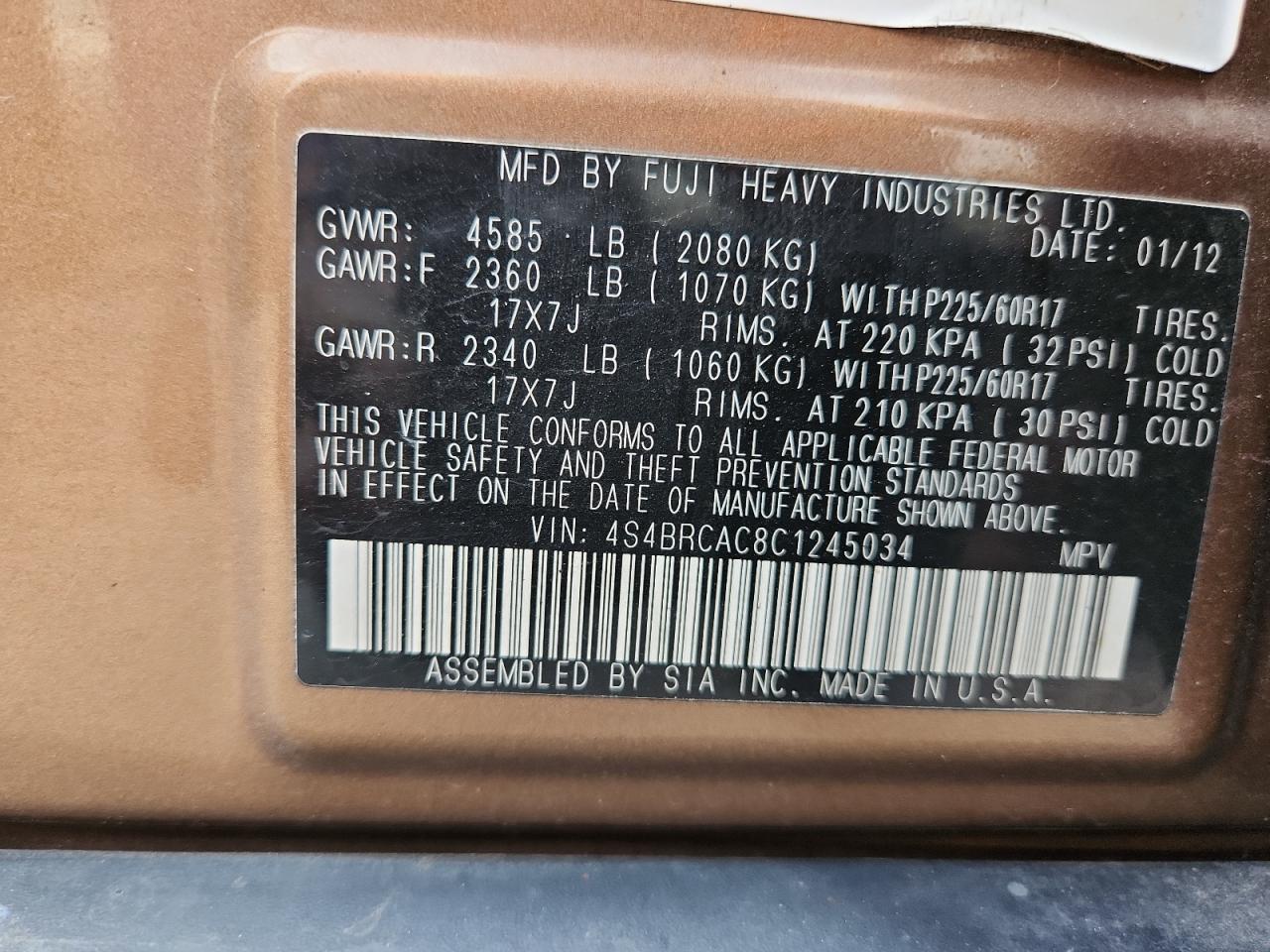 2012 Subaru Outback 2.5I VIN: 4S4BRCAC8C1245034 Lot: 69944715