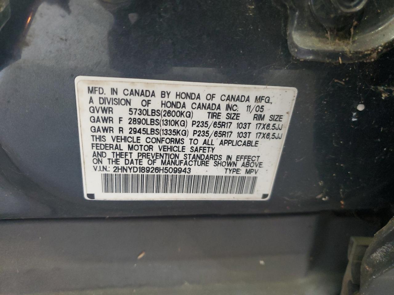 2006 Acura Mdx Touring VIN: 2HNYD18926H509943 Lot: 70000835